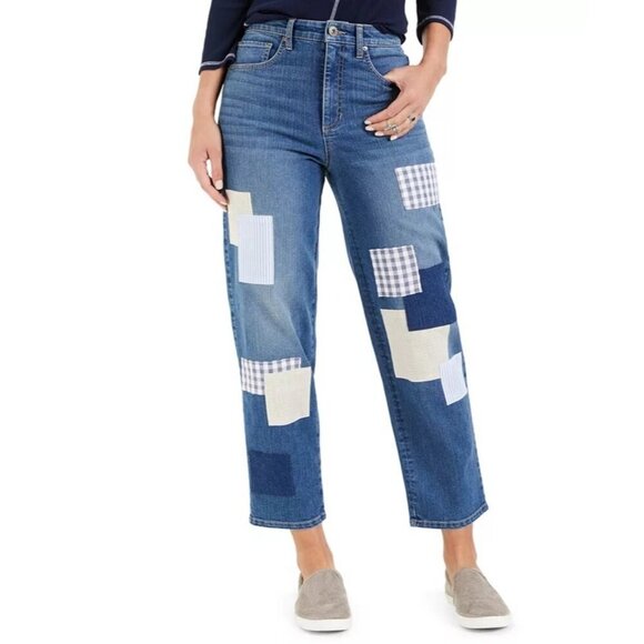 Style & Co. Straight Leg Patchwork Relaxed Denim Jeans Mid-Wash Pockets Women 10 - Picture 2 of 16